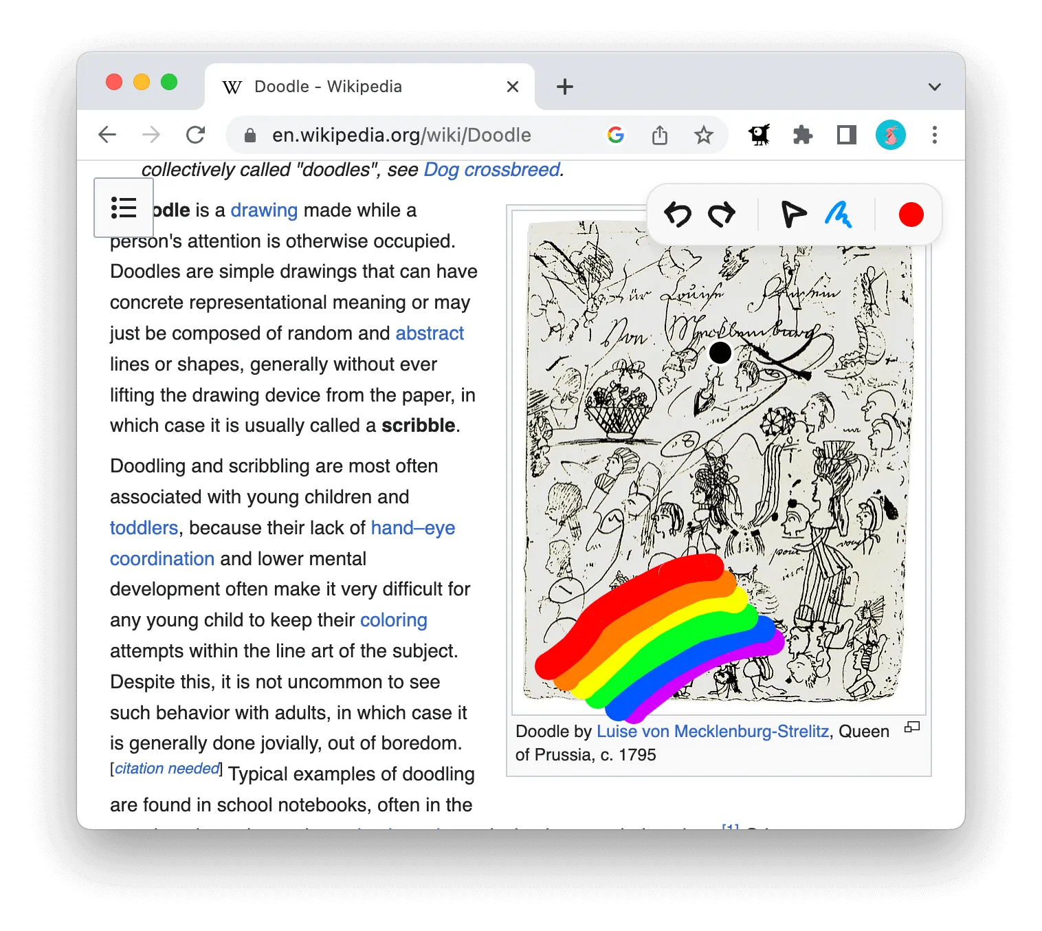 A rainbow drawn across an illustration on a Wikipedia article using inkwell's colour picker.