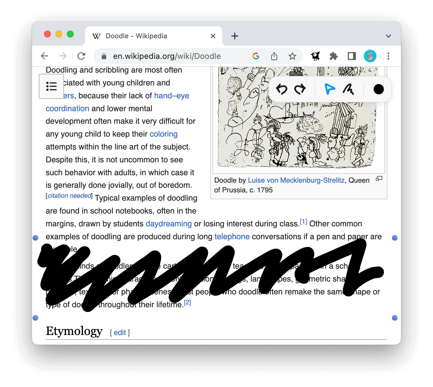 A scribble on a webpage being dragged to a new position with inkwell's select tool.